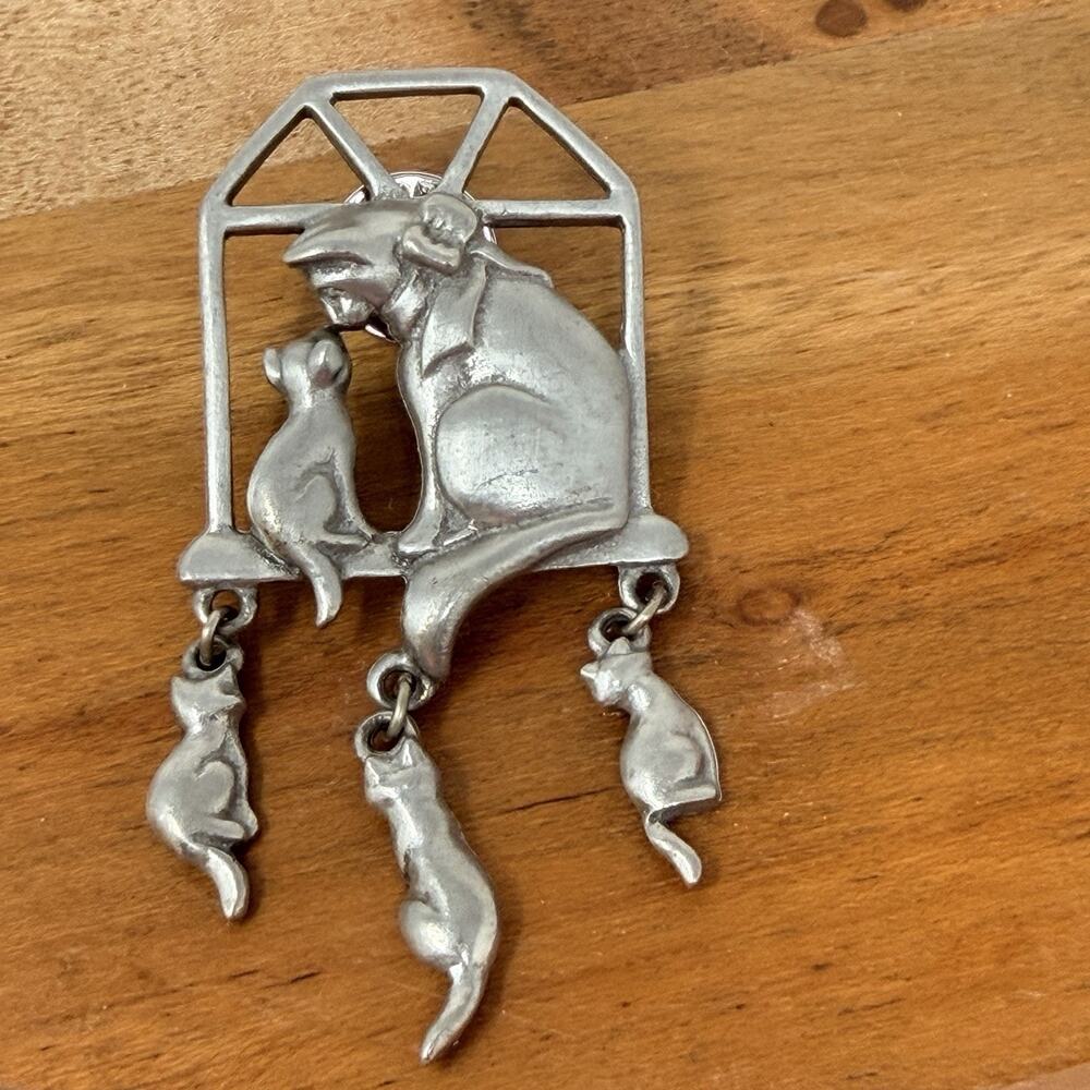 Cat & Kitten in Window Pin LCD Lindsay Claire Designs Pewter Dangling Kittens